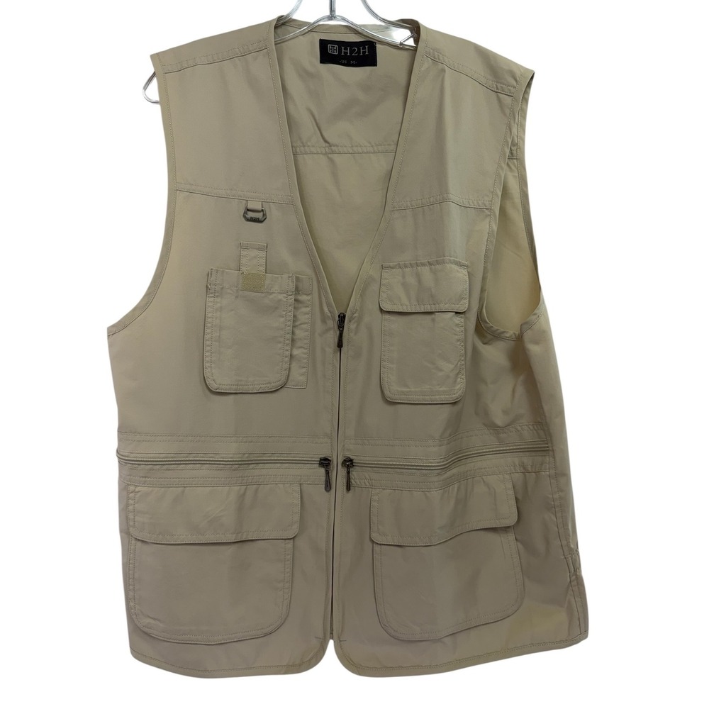 H2H Mens Utility Fishing Vest Tan Beige Multi-Pocket Nylon Full Zip‎ Medium